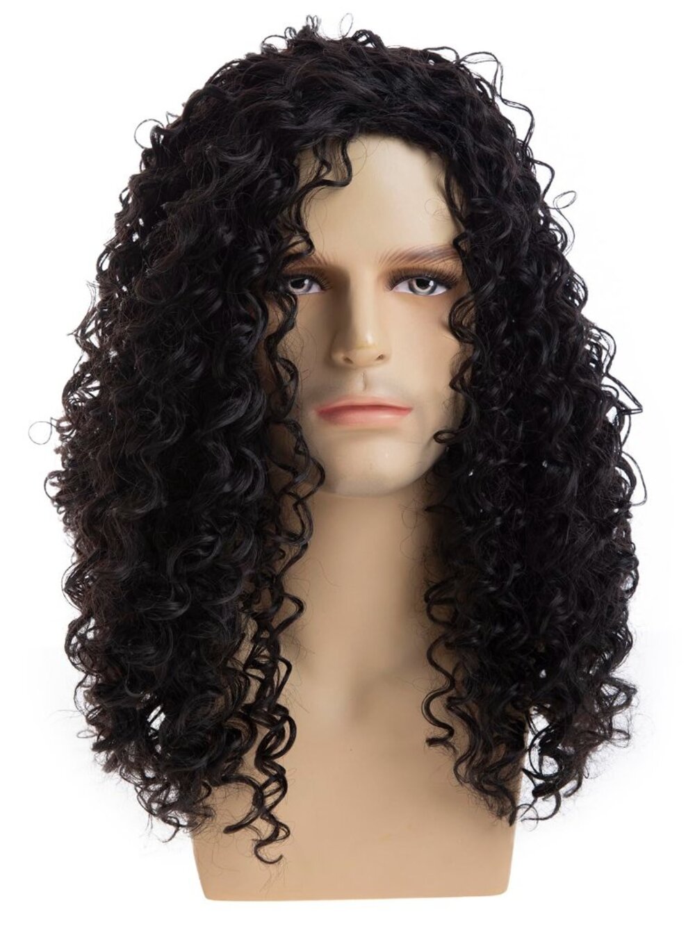 Mens Long Curly Black Wig N4888